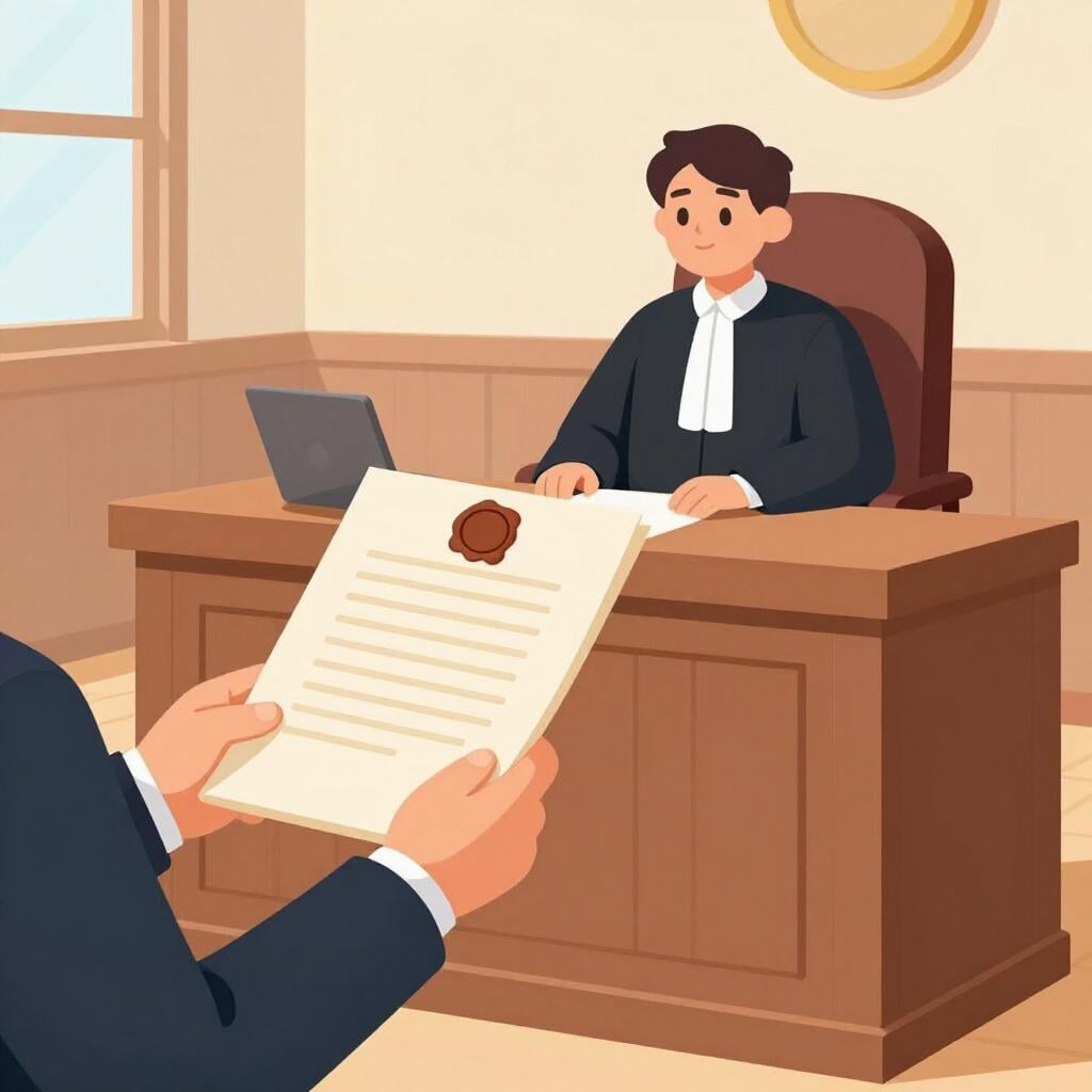 A person handing a signed document to a judge in a courtroom.