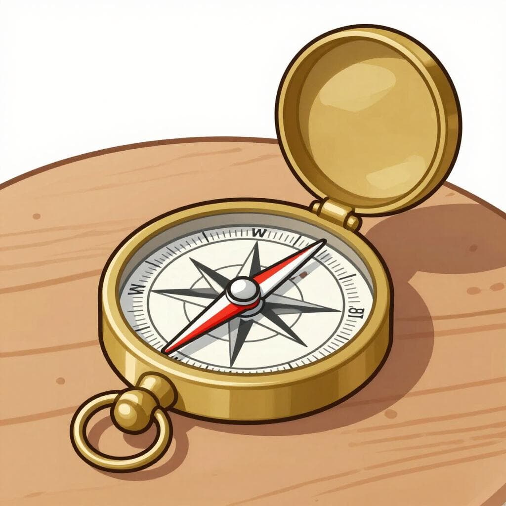 Ein klassischer runder Metallkompass mit einer rot-weißen Nadel, die nach Norden zeigt.