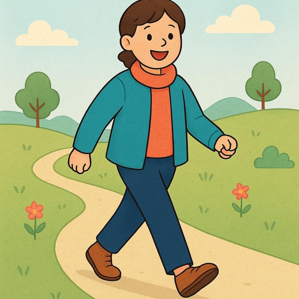 A simple illustration of a person walking briskly along a sunny path, indicating the act of walking.