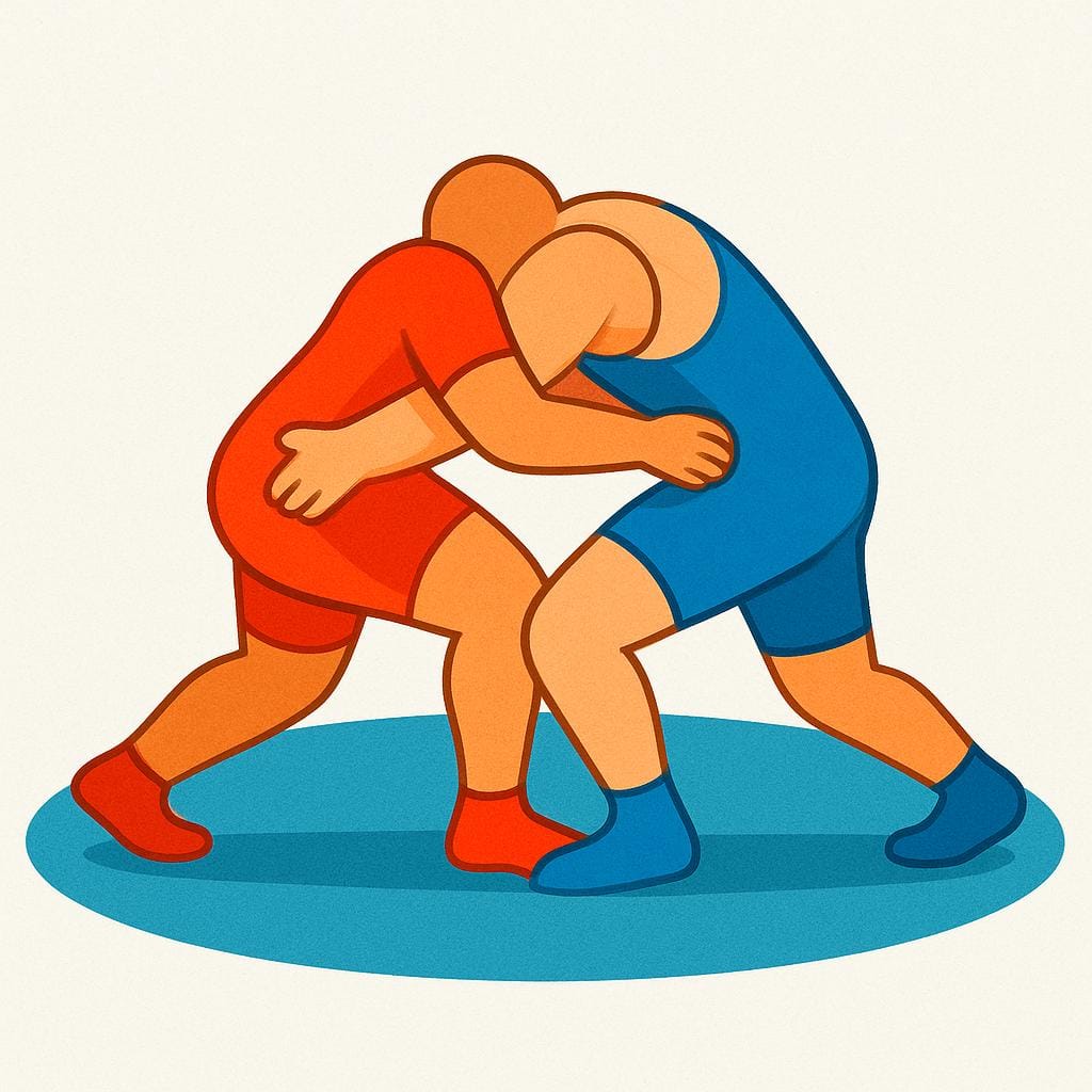 Two stylized figures grappling intensely in a wrestling hold, illustrating a physical fight.