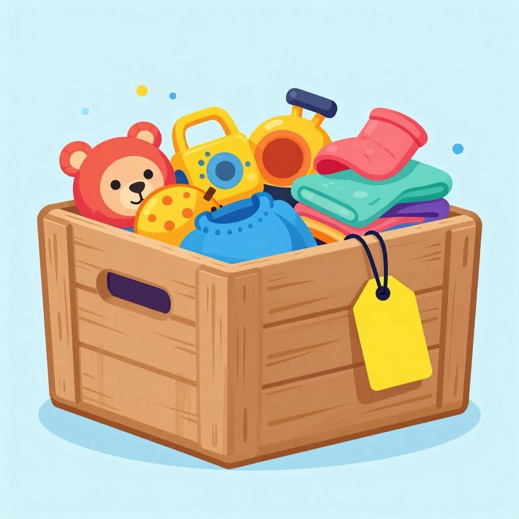 Een grote houten kist gevuld met speelgoed en kleding met een felgeel label eraan.