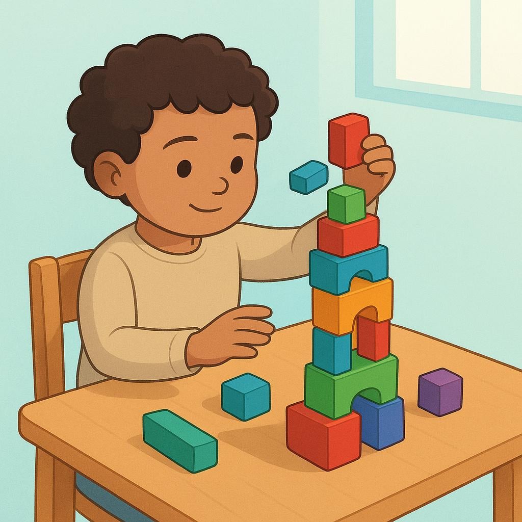 A child with a focused expression intently stacking colorful wooden blocks to build a tall tower.