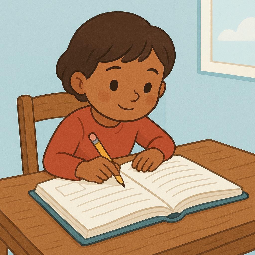 A focused child sitting at a wooden desk, reading a large open book, illustrating the act of learning.