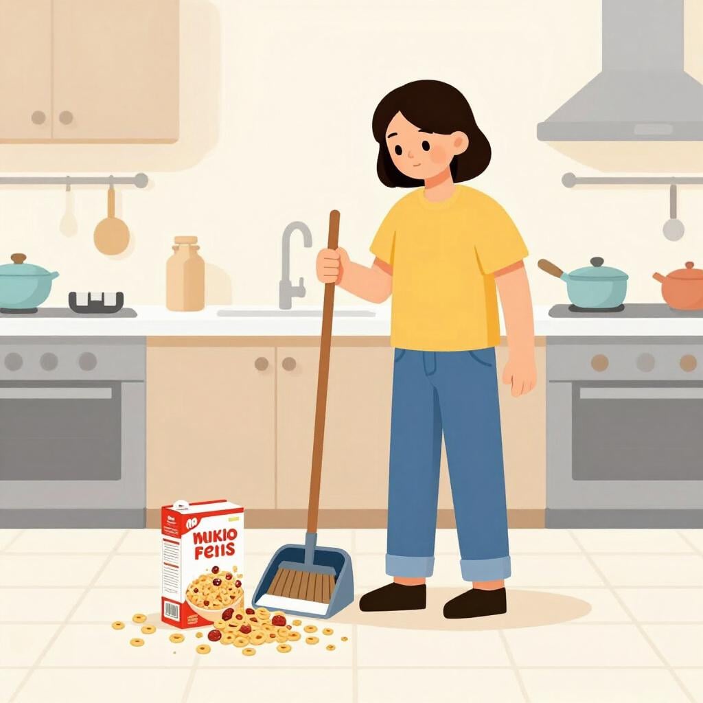 A person wearing an apron and holding a broom, looking at a spill on the floor with a determined expression.