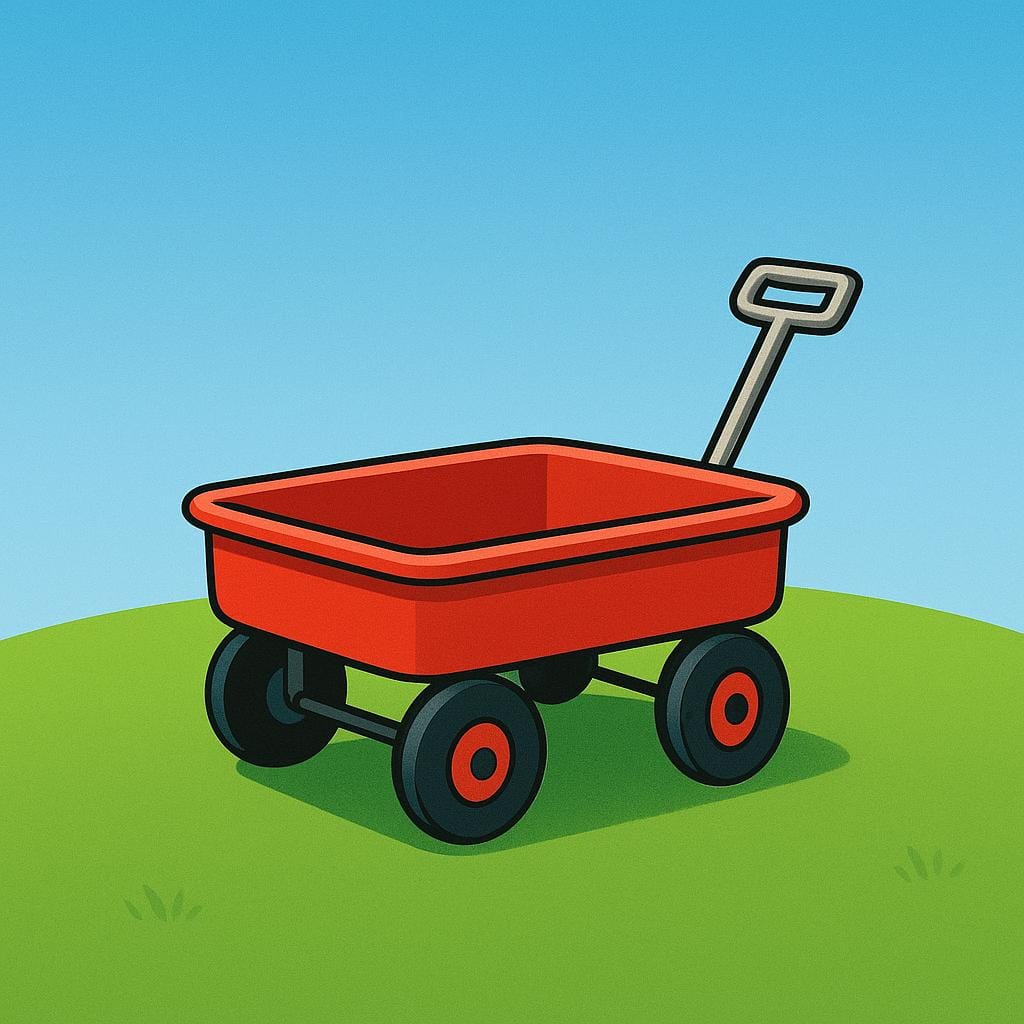 A small, brightly colored red toy wagon sitting stationary on a green hill, suggesting it has remained in that spot.