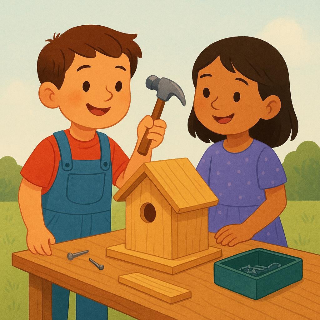 A boy and a girl standing next to a partially built wooden birdhouse. The boy holds up a single hammer and smiles knowingly at the girl.