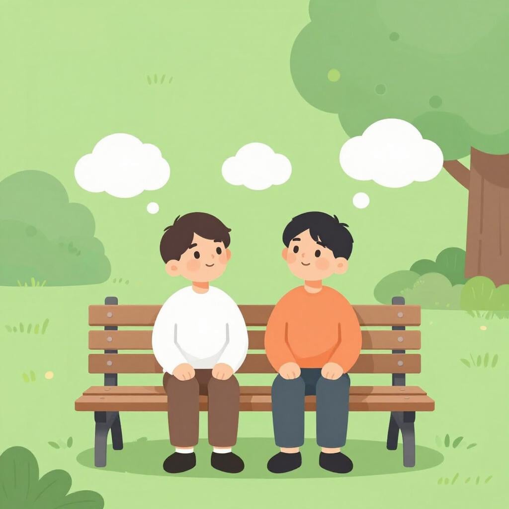 Two people sitting on a bench, looking thoughtful with small thought bubbles above their heads.