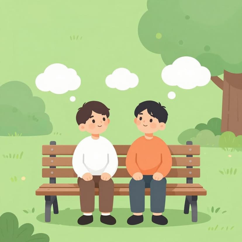 Due persone sedute su una panchina, con aria pensierosa e piccole nuvolette di pensiero sopra le loro teste.