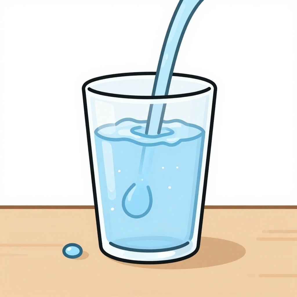 Water dat over de rand van een glas op een houten tafel stroomt.