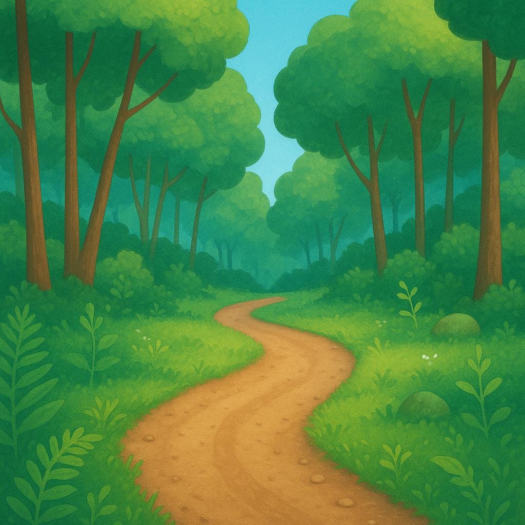 A clear dirt path begins at the edge of a meadow and leads into a bright, untouched forest.