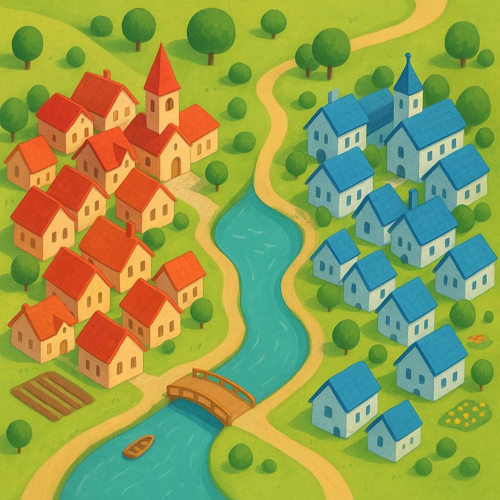 An aerial view showing two small, distinct towns separated by a narrow river, illustrating them being neighboring areas.