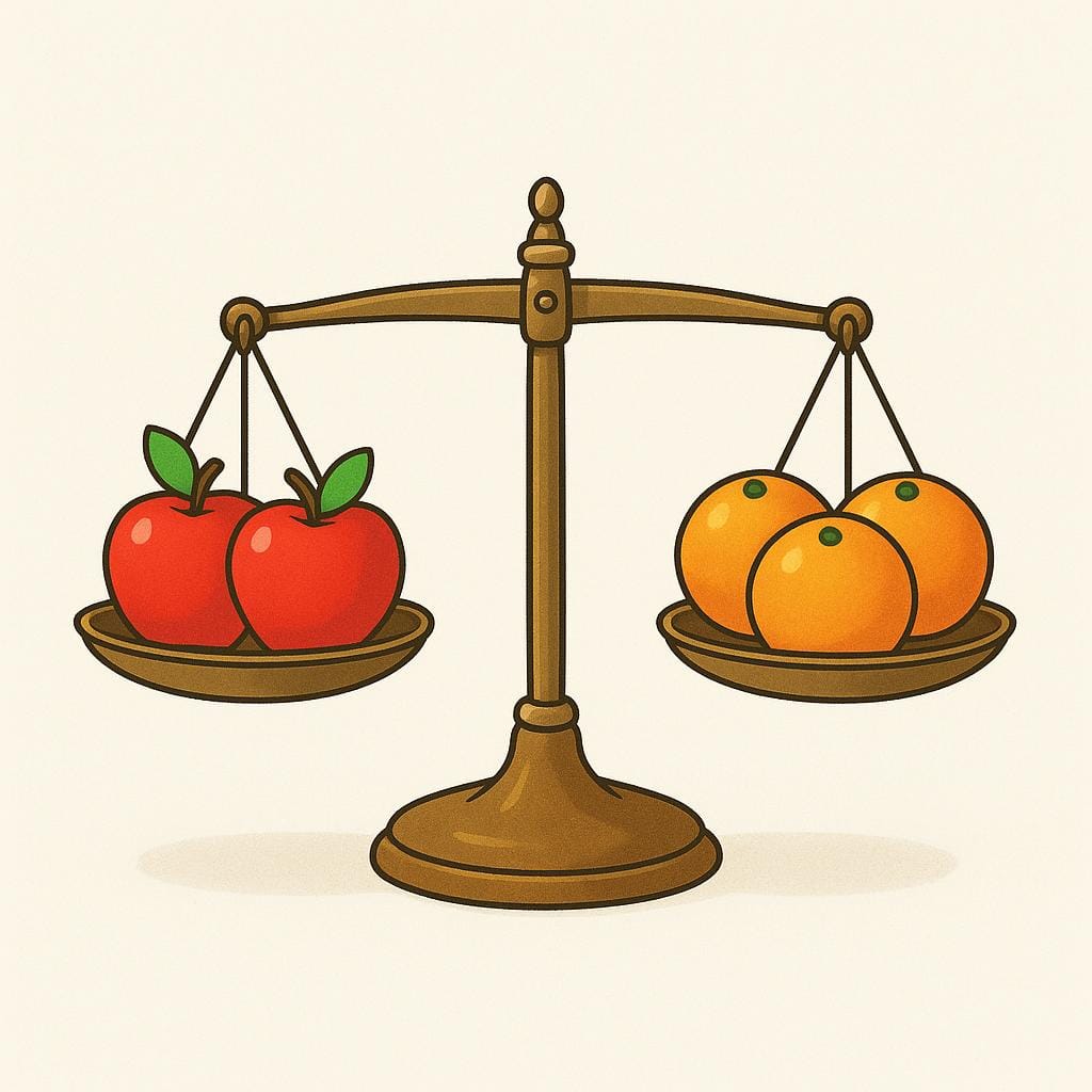 Uma balança simples e perfeitamente equilibrada. No lado esquerdo estão três maçãs coloridas idênticas, e no lado direito estão três laranjas coloridas idênticas, mostrando equivalência.