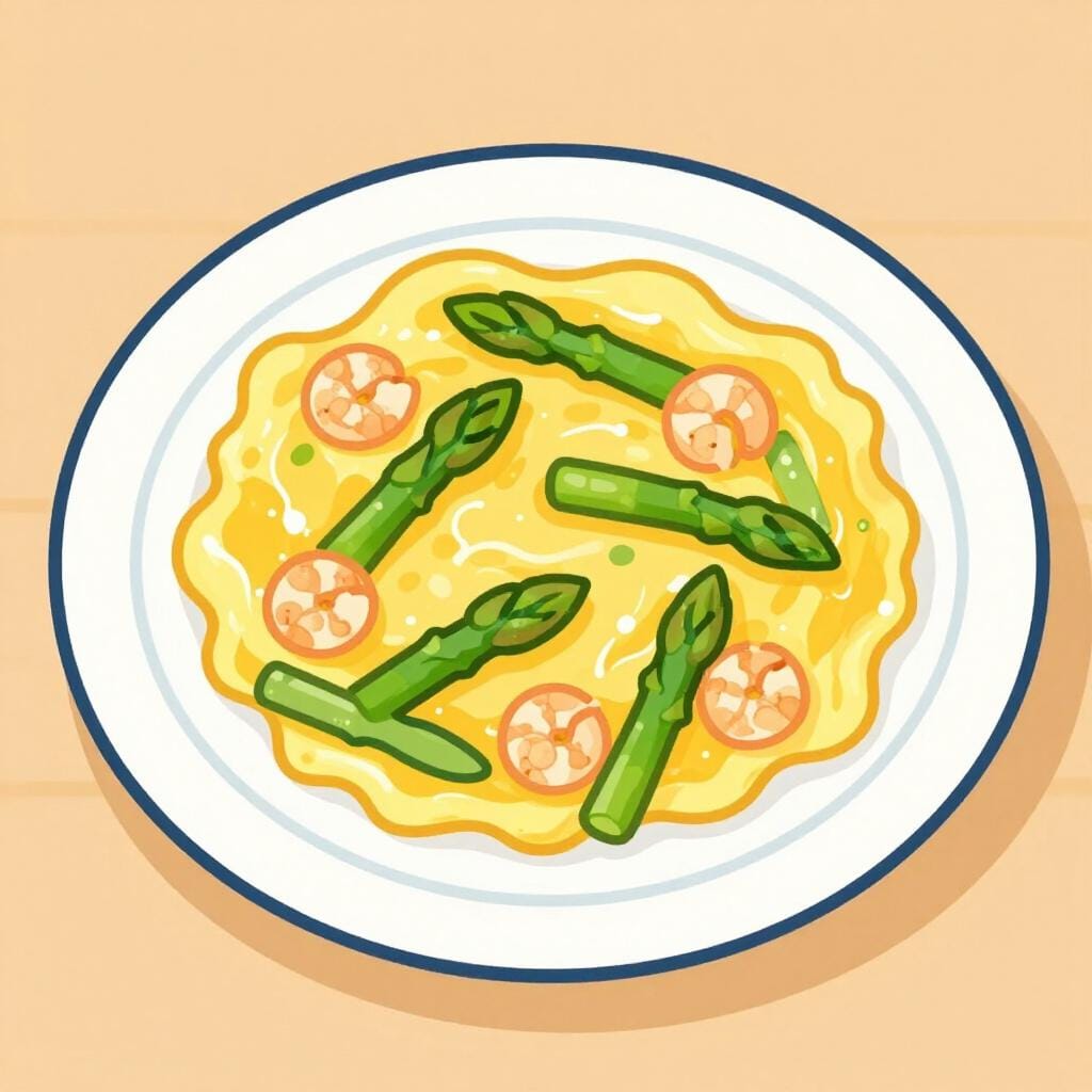 Ein Teller Rührei gemischt mit grünem Spargel und kleinen rosa Garnelen.