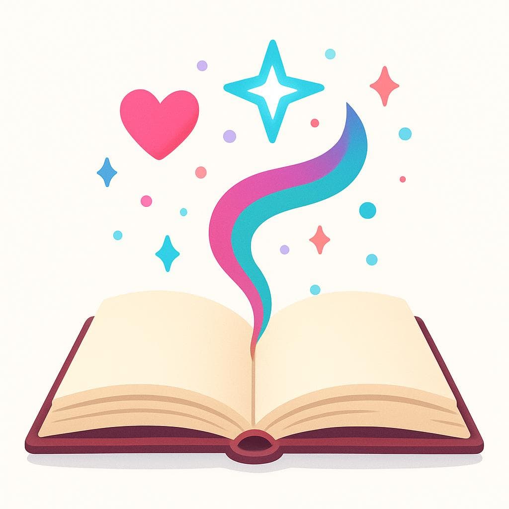 An open book resting flat, symbolizing a literary work. From its pages, a small heart, a bright star, and a gentle colorful ribbon float upwards, representing the emotional and inspirational content of a poem.