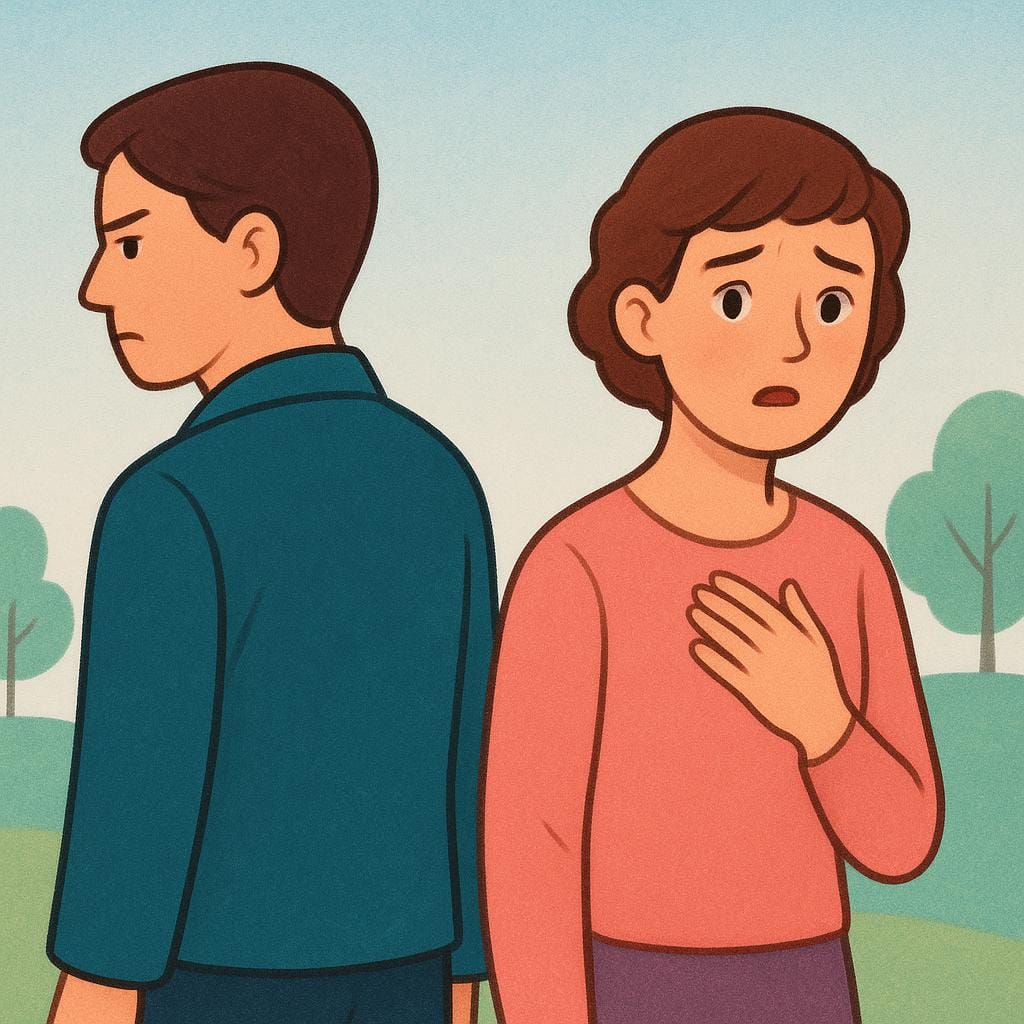 One figure sharply turns their back on a second person who looks surprised and slightly sad, illustrating an abrupt and curt dismissal.