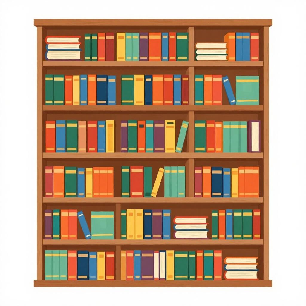 A tall, overflowing bookshelf filled with many colorful books of different sizes.