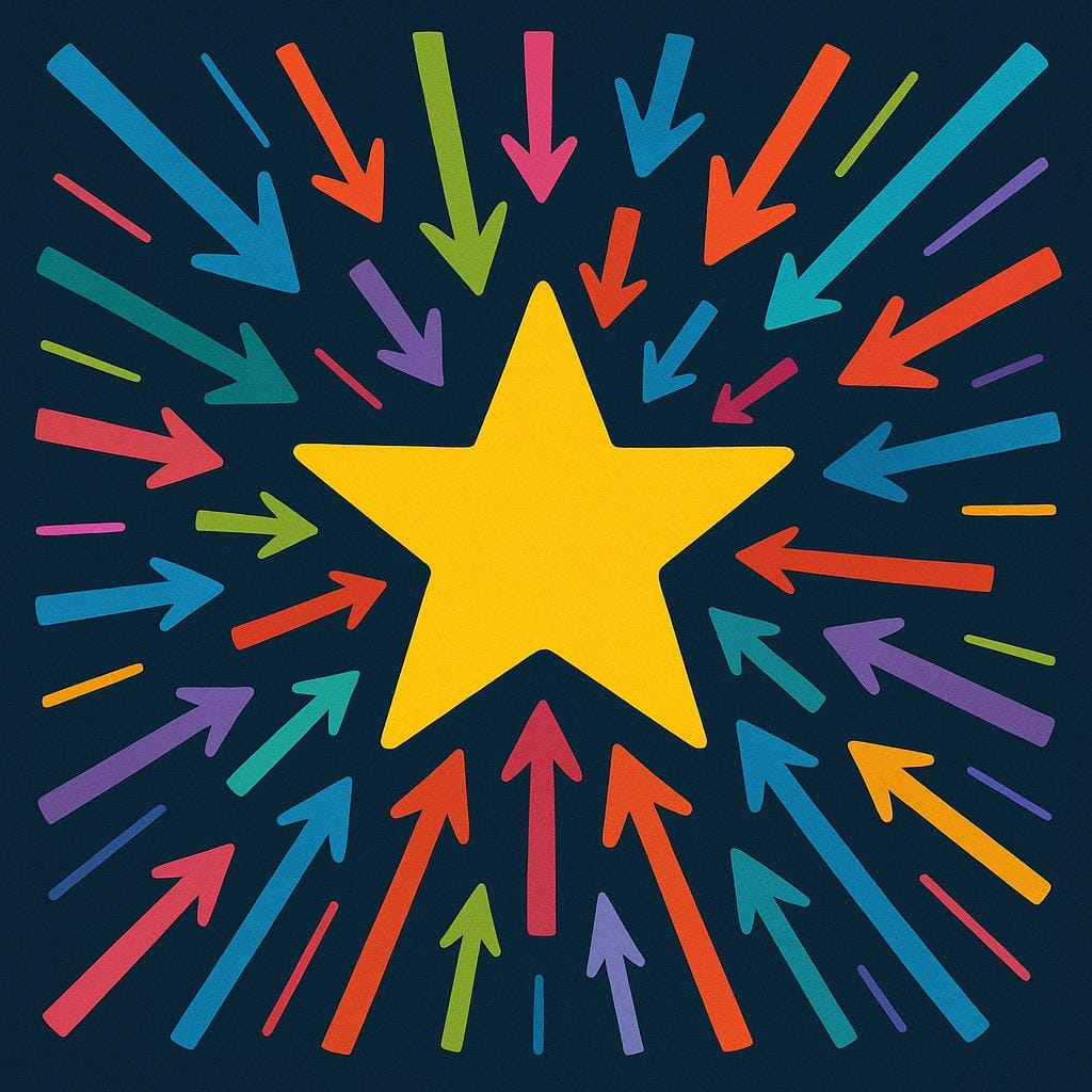 A single, brightly glowing yellow star being surrounded by multiple smaller, colorful arrows pointing directly at it.