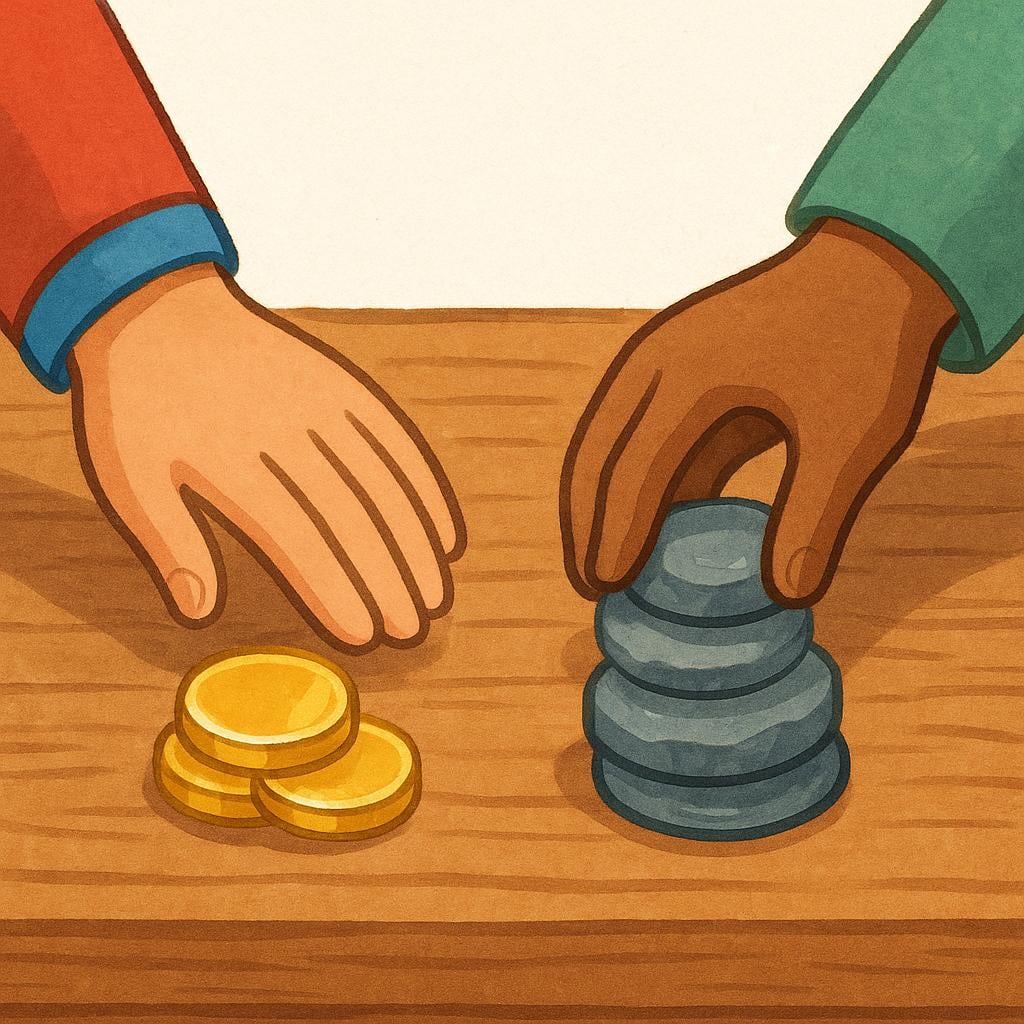 A hand secretly swapping a stack of real gold coins with a stack of dull, fake gray rocks disguised as coins, illustrating illegal deception.