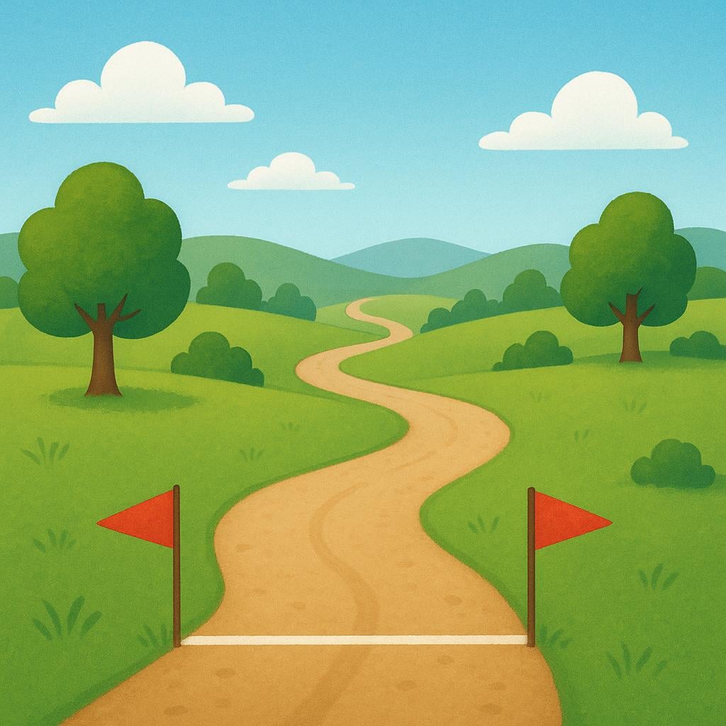 A colorful storybook illustration showing the beginning of a dirt path marked by a simple starting line and two small flags.