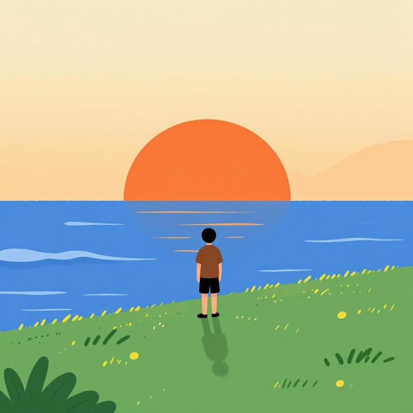 A person standing on a hill, looking out at a beautiful vibrant sunset over the ocean.