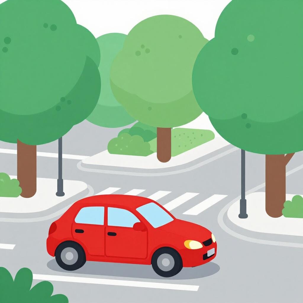 Ein kleines rotes Auto biegt an einer Straßenecke ab.