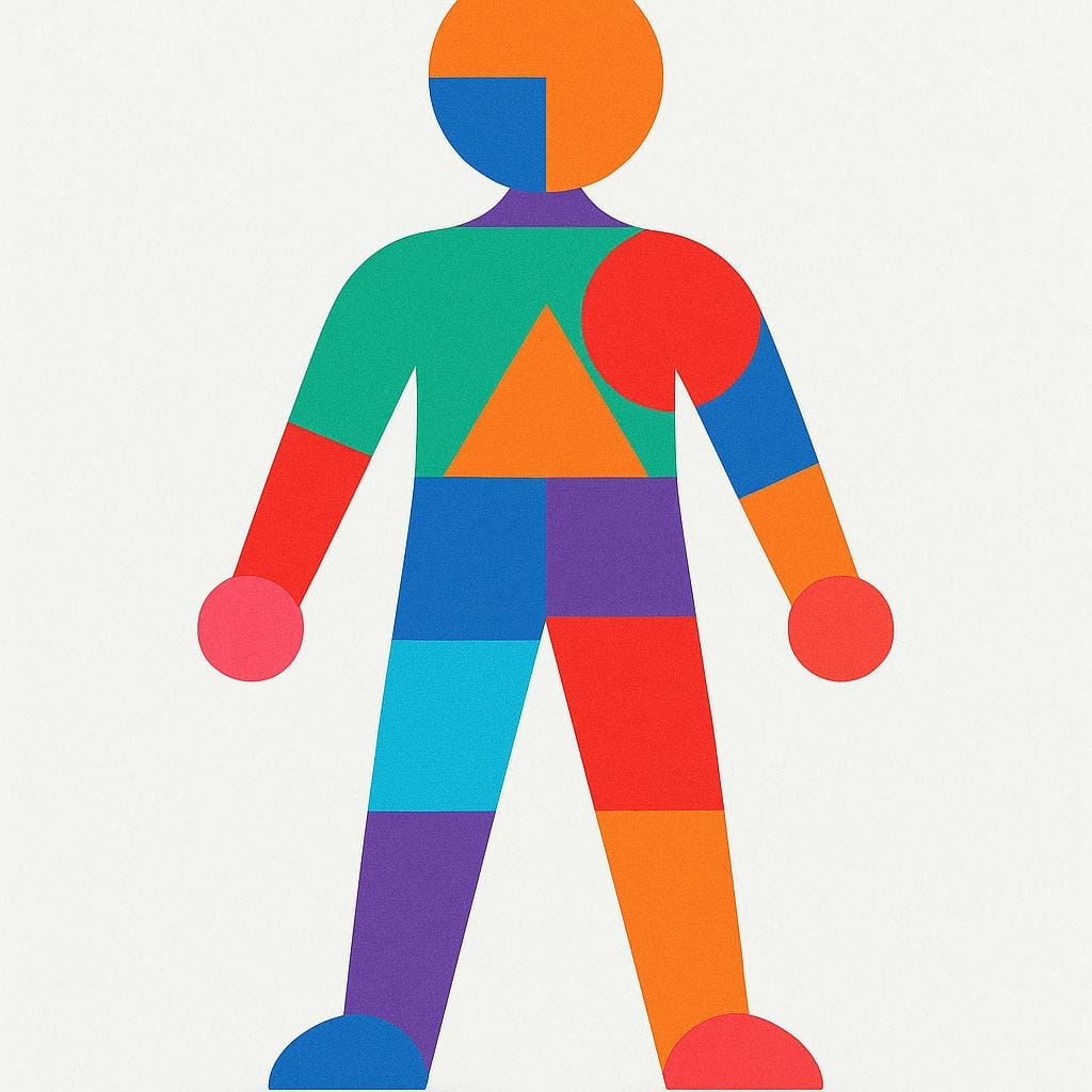 A simplified human figure composed of several distinct, brightly colored geometric shapes representing different traits merging into one form.