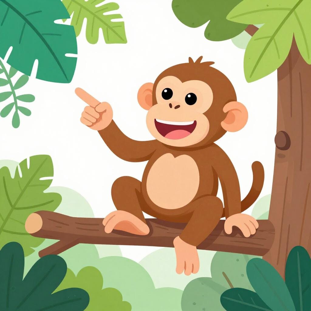 Una scimmia dispettosa che indica e ride tenendo in mano una banana.