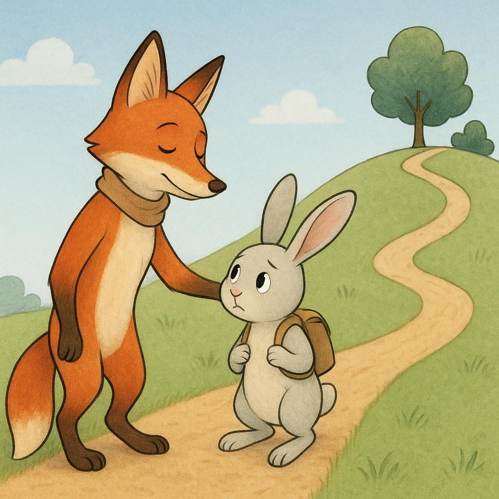 A wise fox character gently nudging a hesitant rabbit character toward a path leading up a small hill, symbolizing encouragement.
