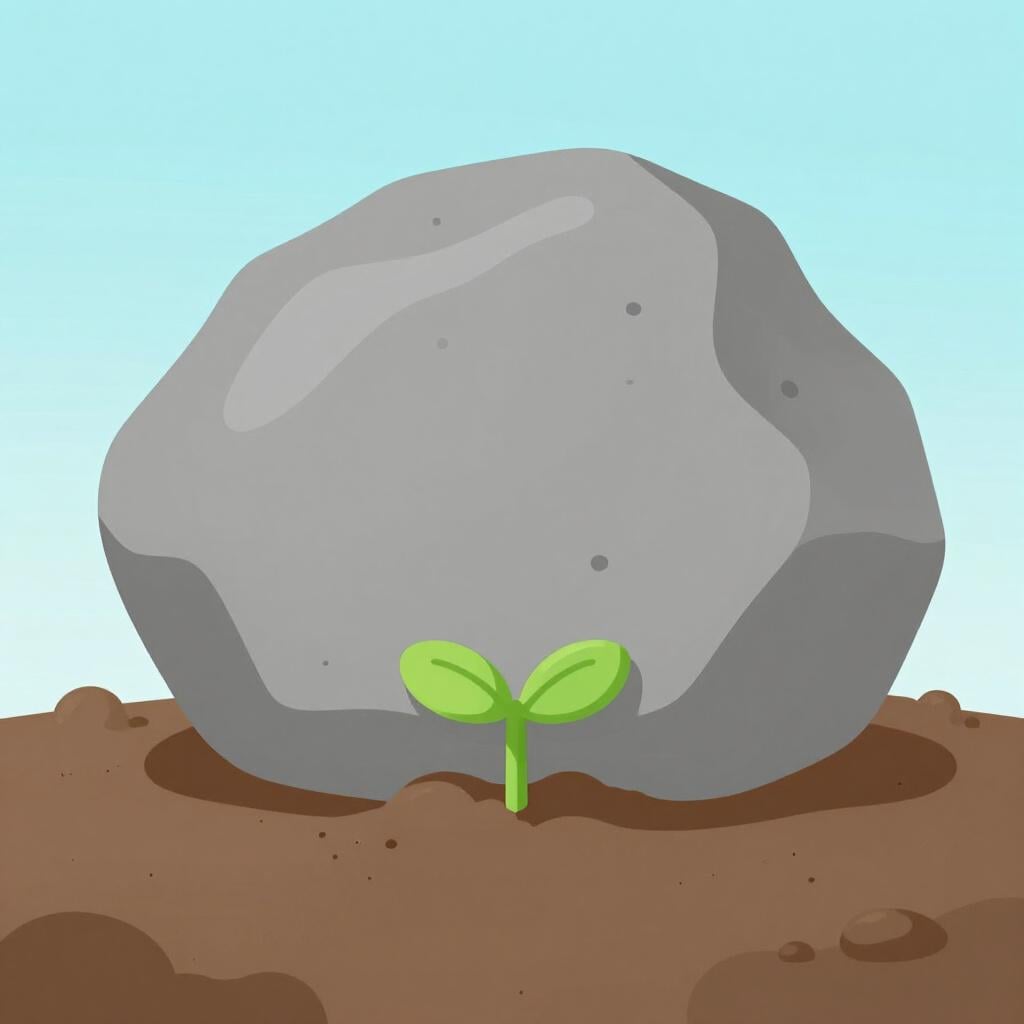 A small green sprout trying to grow under a heavy grey stone that is blocking its path.