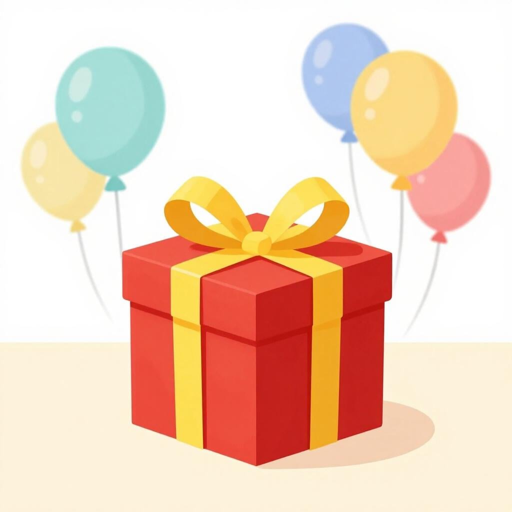 A colorful gift box with a bright ribbon sitting on a table.