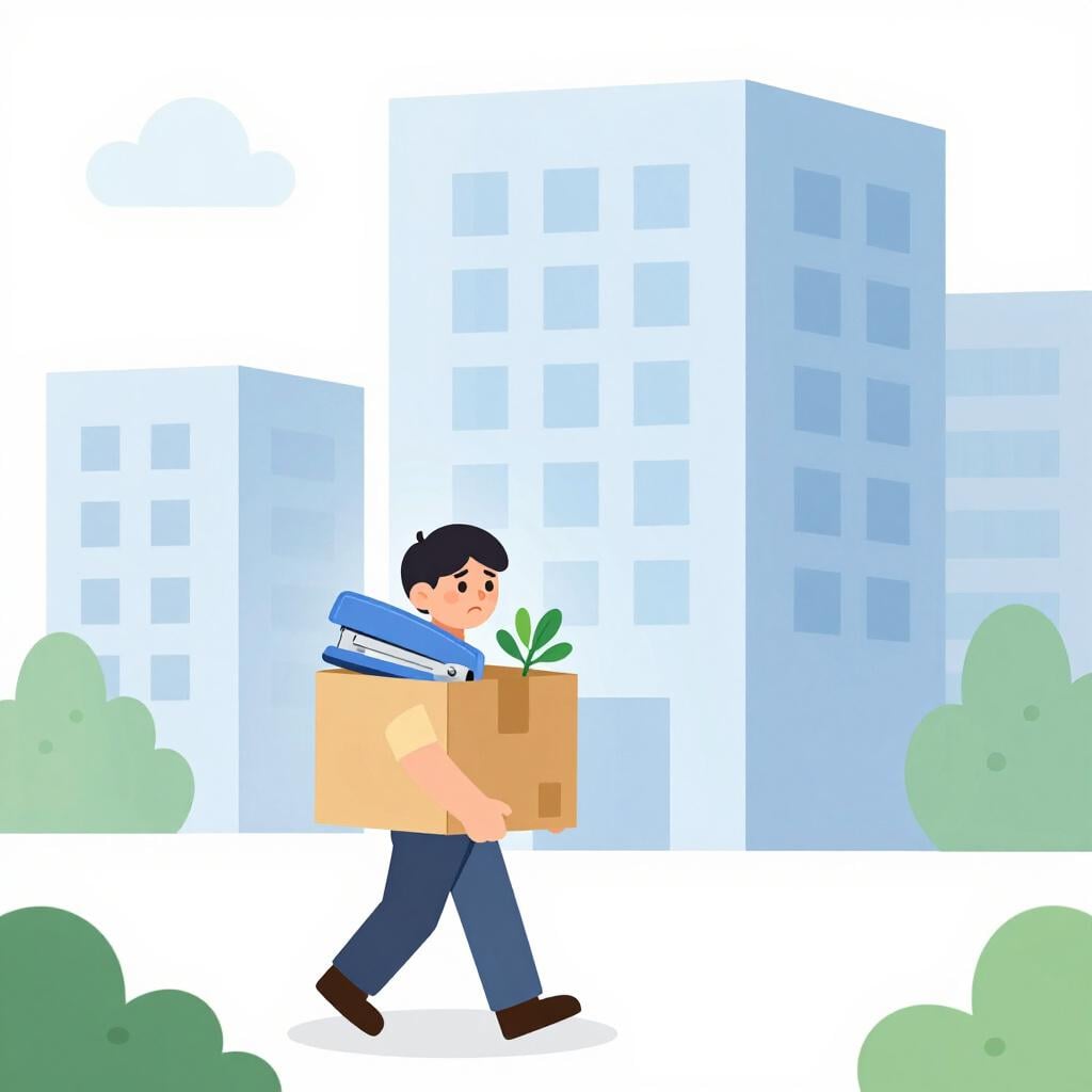 A person walking away from a building holding a cardboard box filled with office supplies.