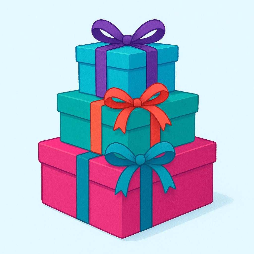 A stack of three brightly colored wrapped rectangular gift boxes of different sizes, each tied with a contrasting ribbon and bow.