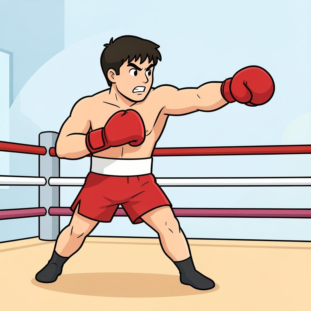 A professional boxer wearing red gloves performing a powerful side punch.