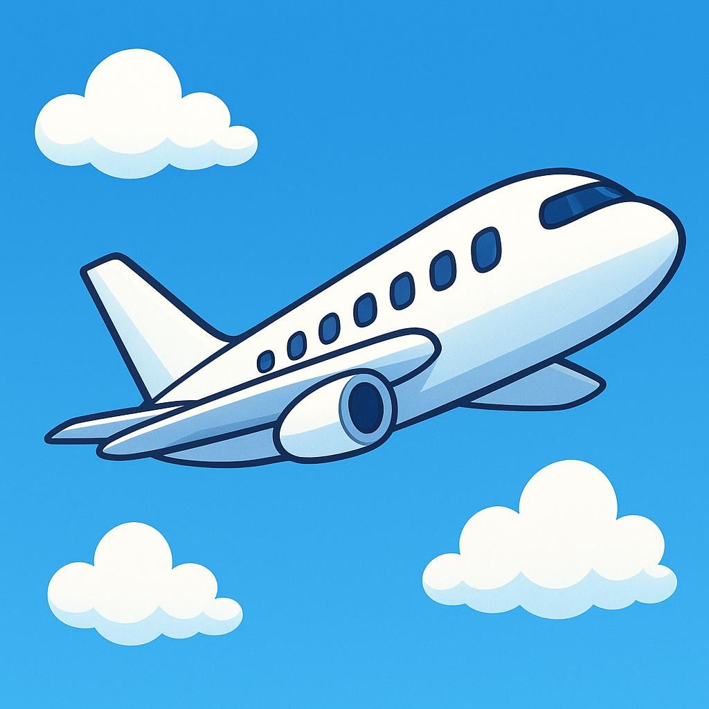 A simplified illustration of a large white passenger airplane soaring high above the ground in a clear blue sky.
