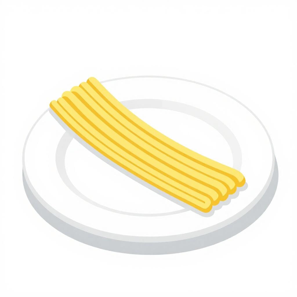 A single long, thin yellow noodle curling on a white plate.