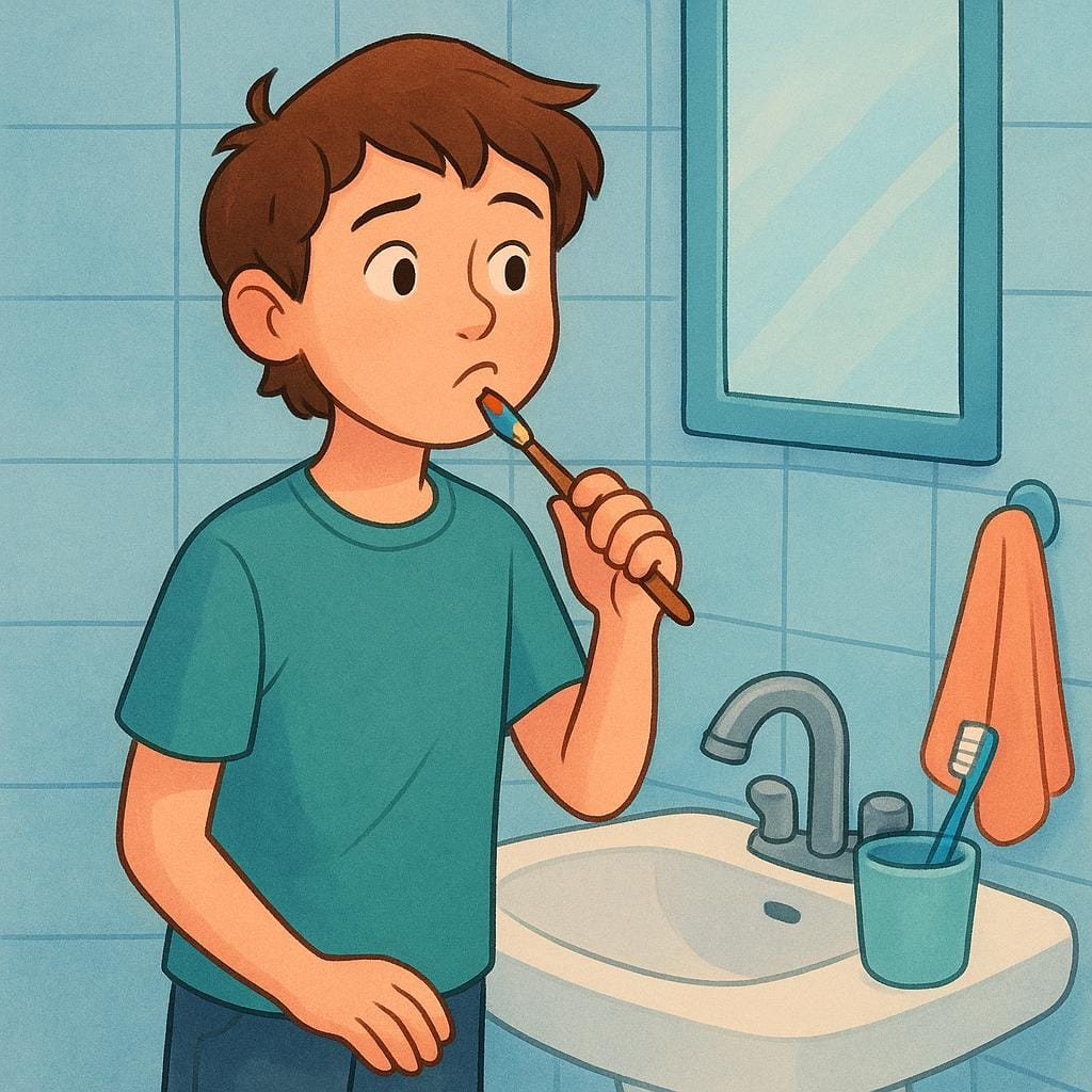 A young person stands in a bathroom, looking uncertain while holding a red-tipped paintbrush near their mouth, confusing it with the actual toothbrush resting in a cup nearby.