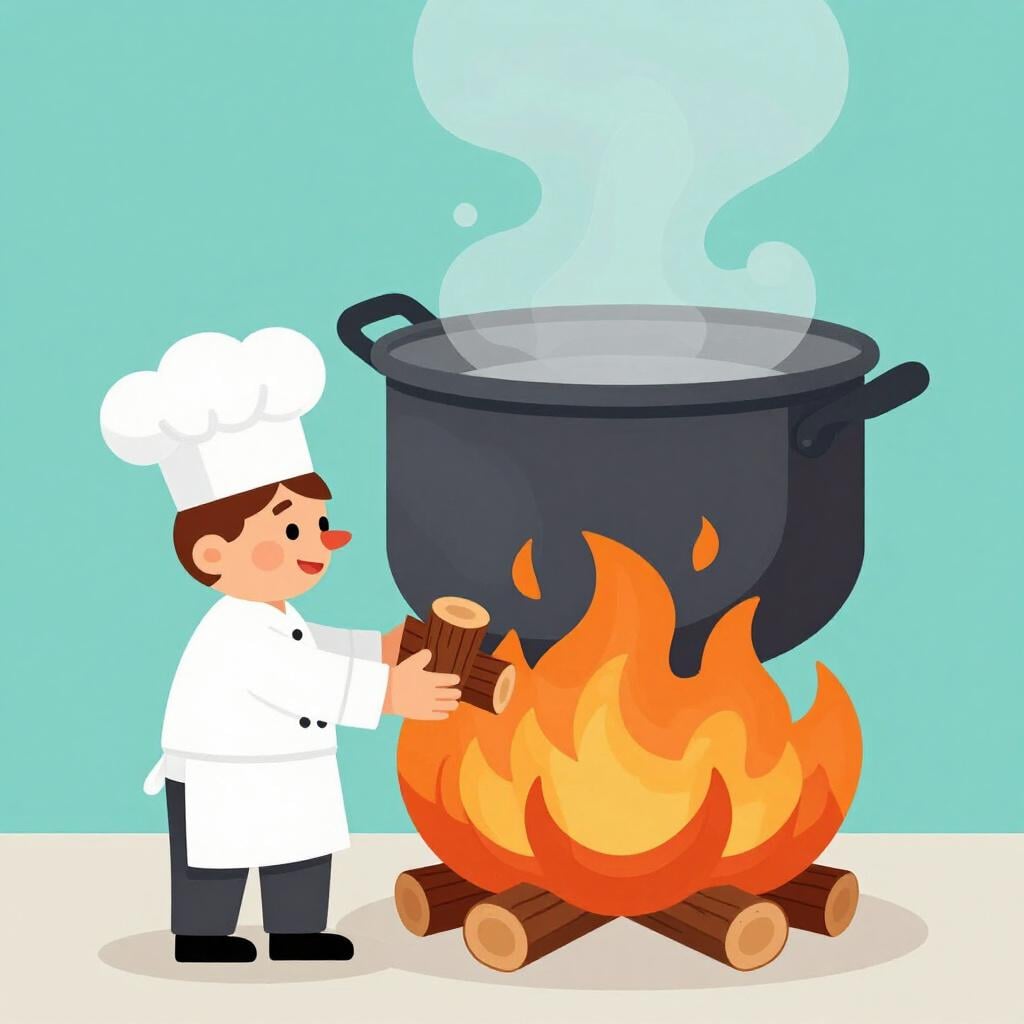 A chef adding more wood to a fire under a boiling pot to make the water bubble faster.