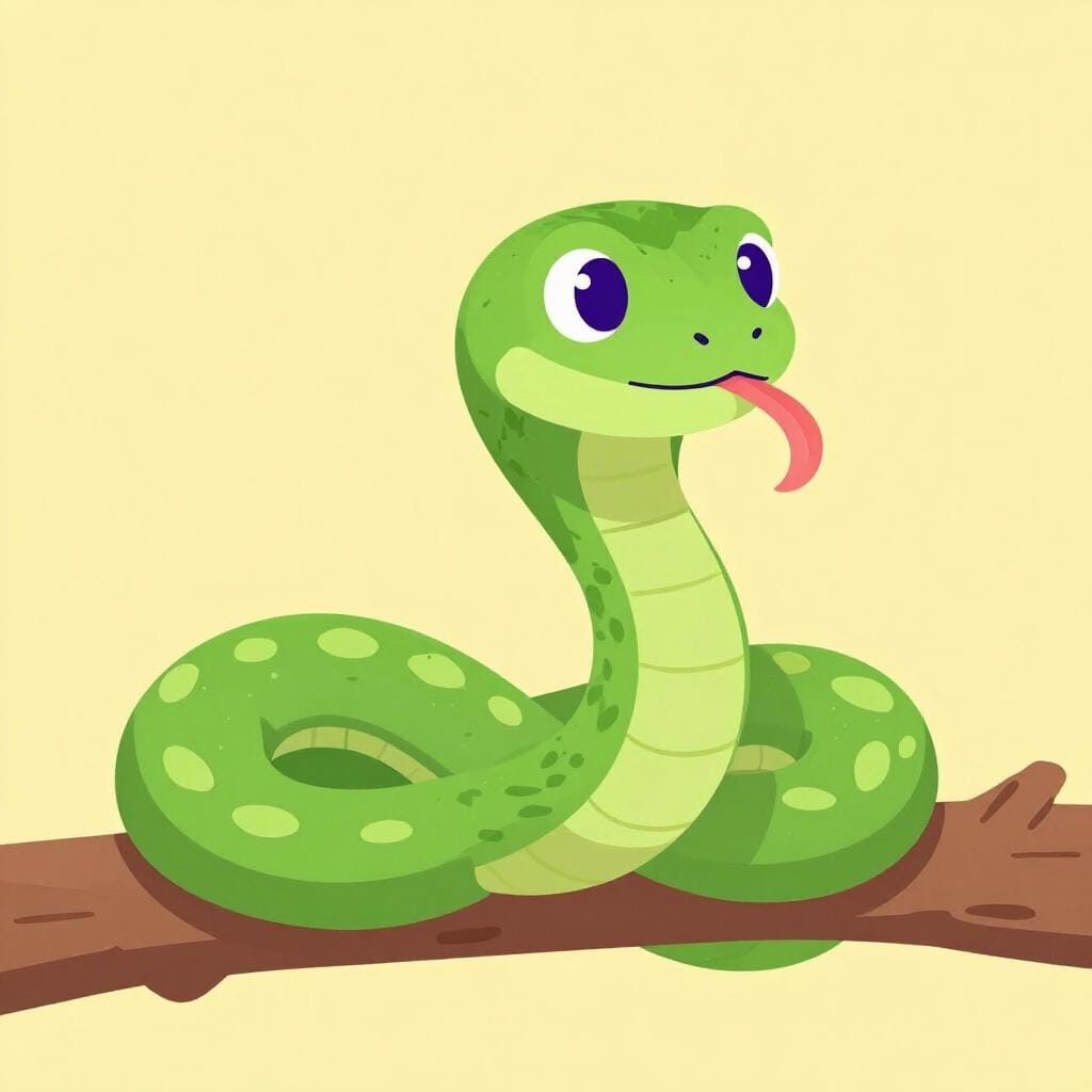 A green snake with glowing purple eyes hissing.