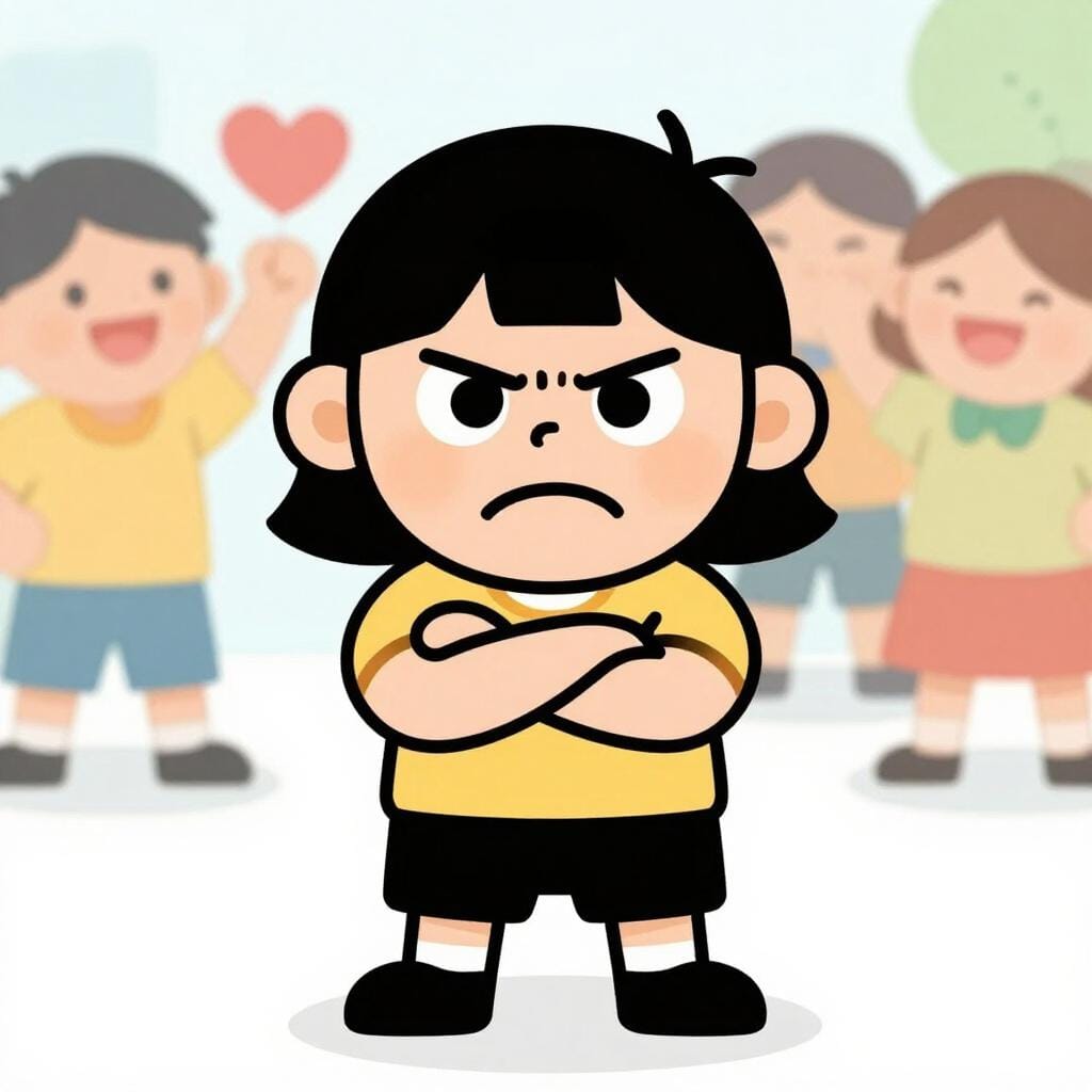 A grumpy, mean-looking character standing with crossed arms while everyone else is happy.