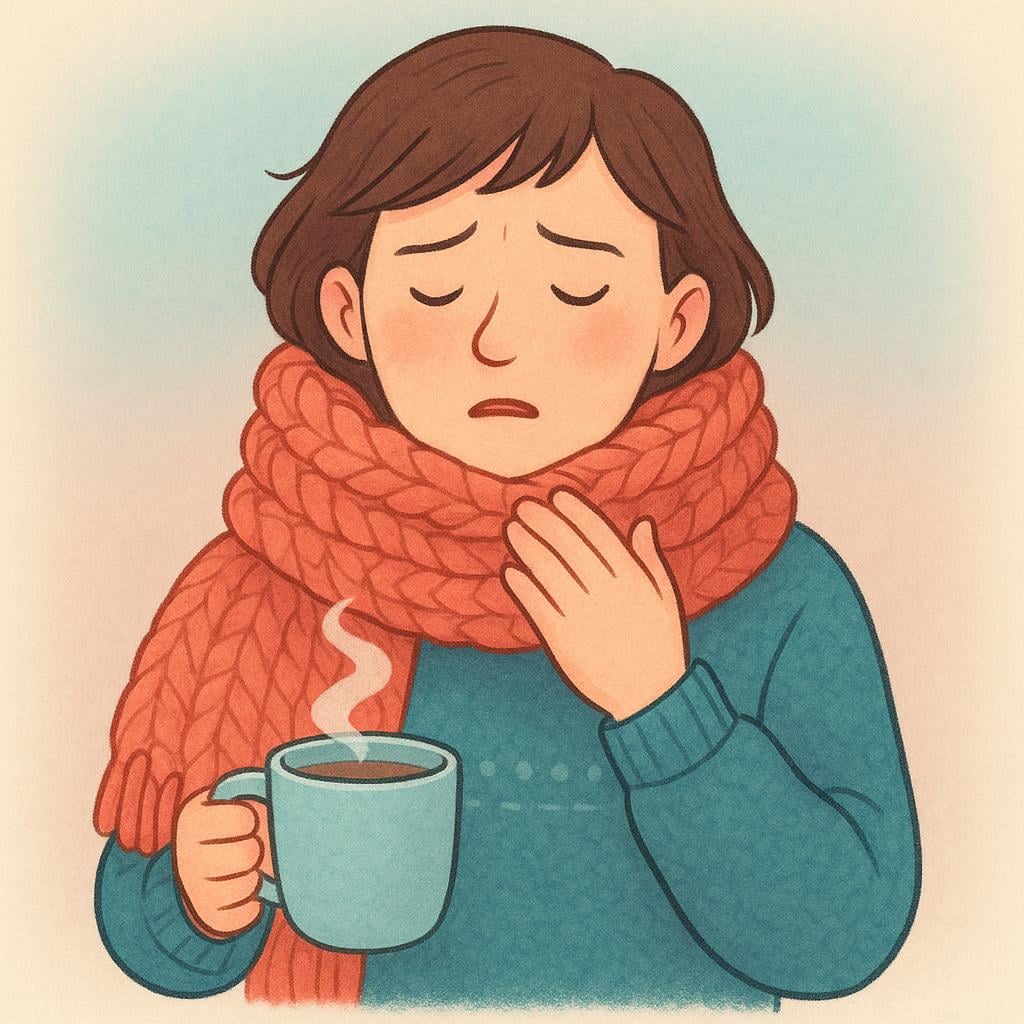A person wearing a cozy scarf holding a mug of tea and touching their throat.