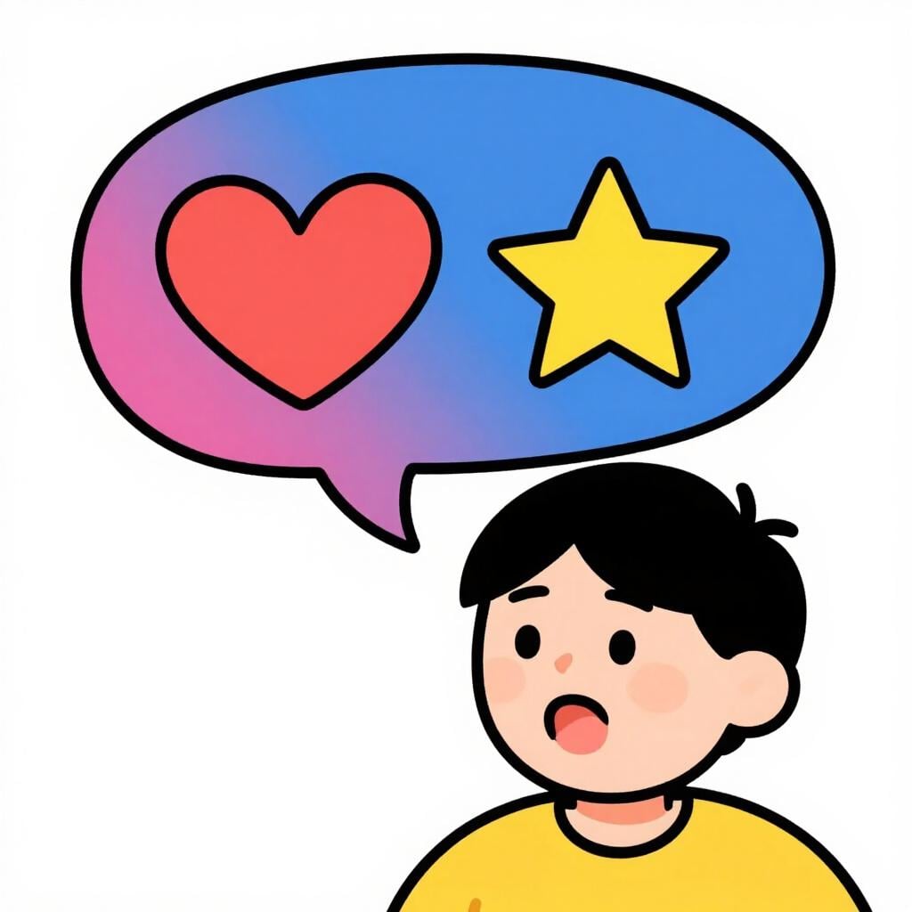 A person speaking with a colorful speech bubble above them containing a heart and a star.