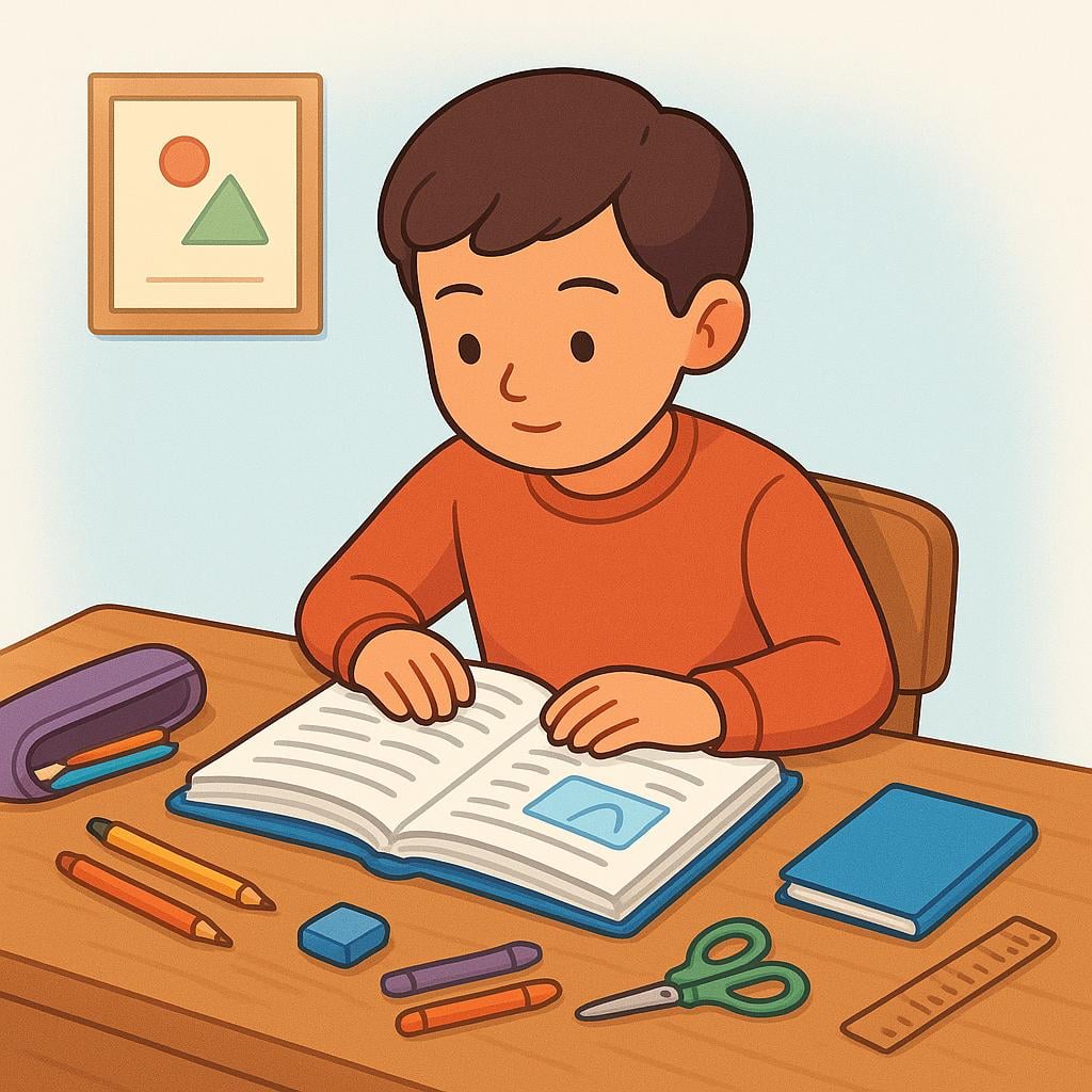 A focused student sitting at a wooden desk, concentrating intently on an open textbook. A pencil is held over the page, and colorful notebooks are stacked nearby.