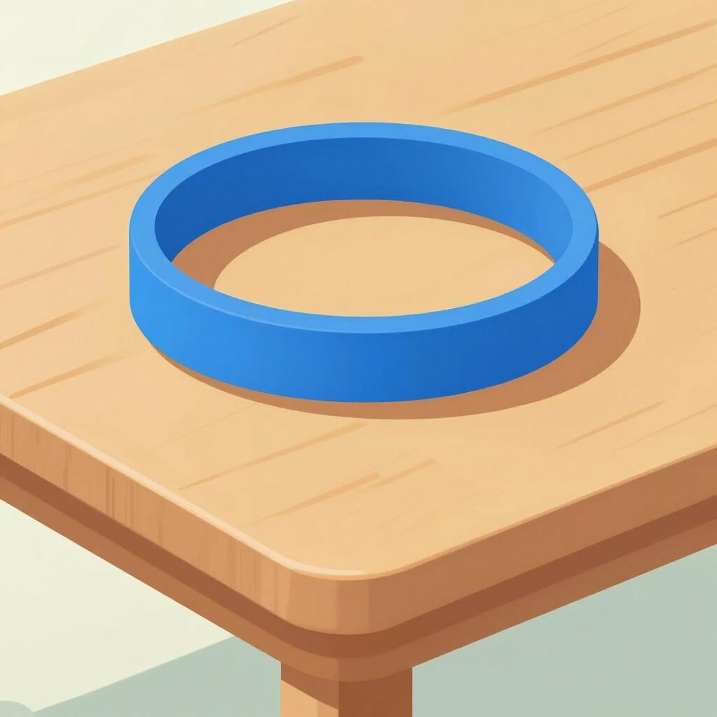 Een enkele dikke blauwe elastiek op een effen houten oppervlak.