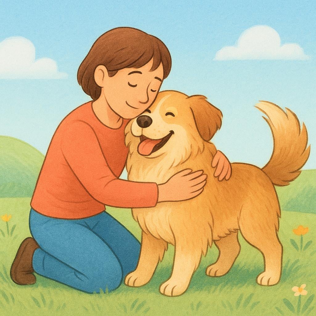 A person warmly embracing a friendly, fluffy dog in a sunny meadow, showing deep affection.