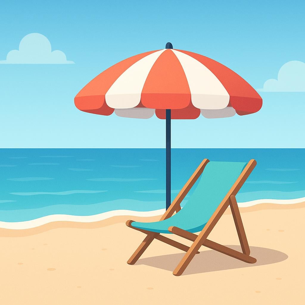 A simple colorful illustration depicting a relaxing vacation scene, showing a single lounge chair placed on yellow sand next to a colorful striped beach umbrella, with the blue ocean visible in the background.
