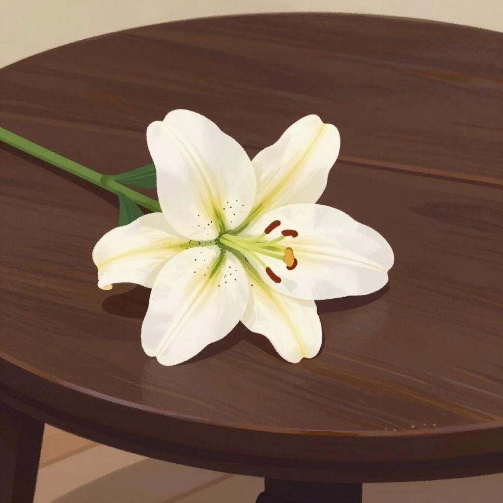 A single white lily flower resting on a dark, polished wooden surface.