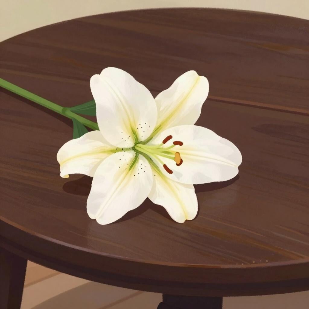 A single white lily flower resting on a dark, polished wooden surface.