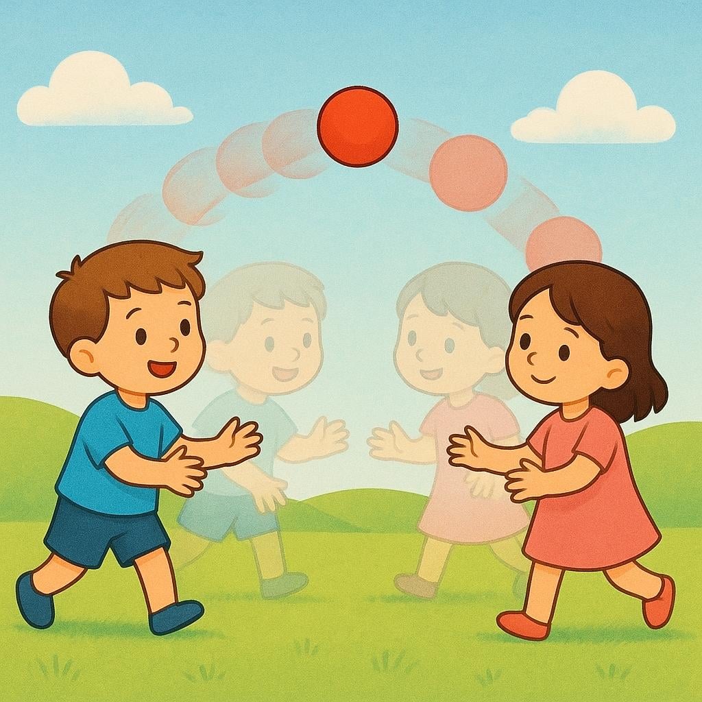 Two children, a boy and a girl, standing in a green park, are shown frozen mid-motion repeatedly throwing a red ball back and forth, illustrating a habitual past action.