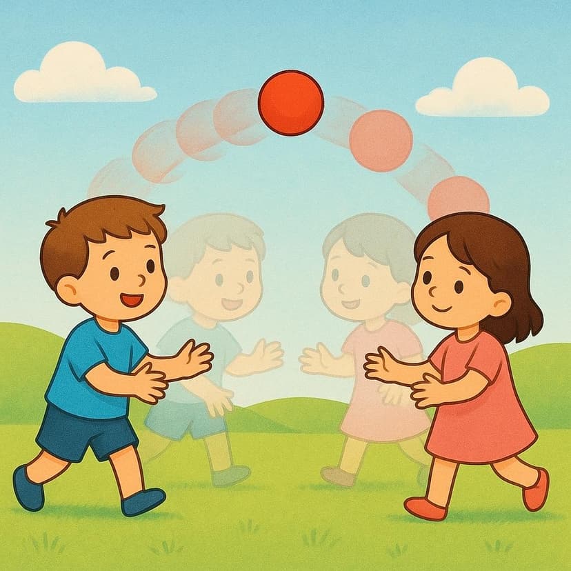Two children, a boy and a girl, standing in a green park, are shown frozen mid-motion repeatedly throwing a red ball back and forth, illustrating a habitual past action.