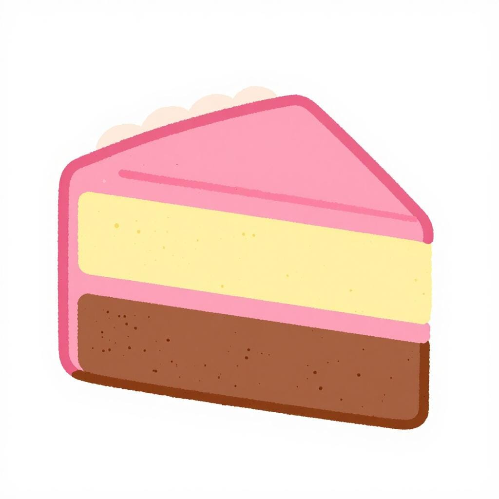 Een plak taart met verschillende duidelijke, kleurrijke horizontale lagen van verschillende smaken.